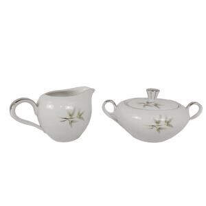 Vintage Seyei Fine China BAMBOO GARDEN Sugar Bowl w/ Lid & Creamer Nagoya Japan